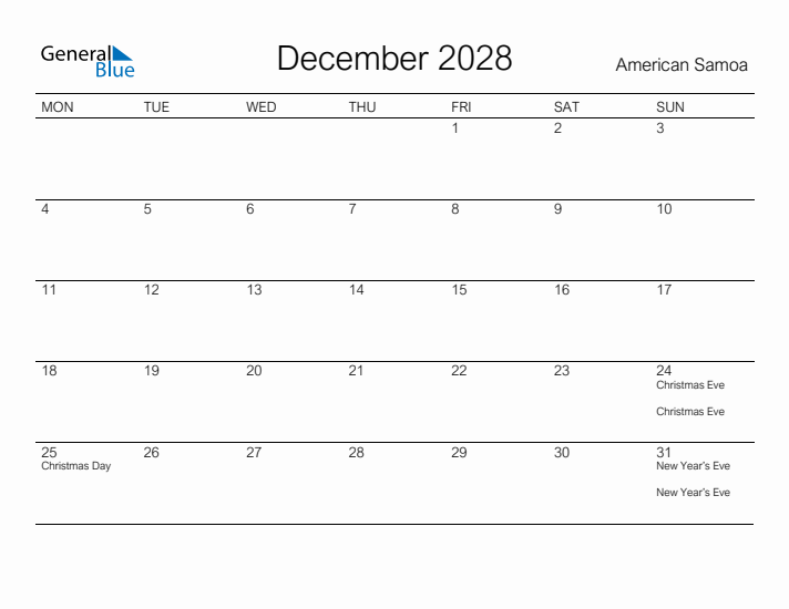 Printable December 2028 Calendar for American Samoa