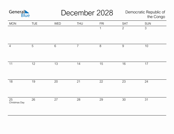 Printable December 2028 Calendar for Democratic Republic of the Congo