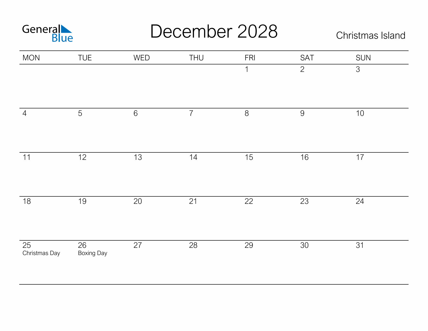 Printable December 2028 Calendar for Christmas Island