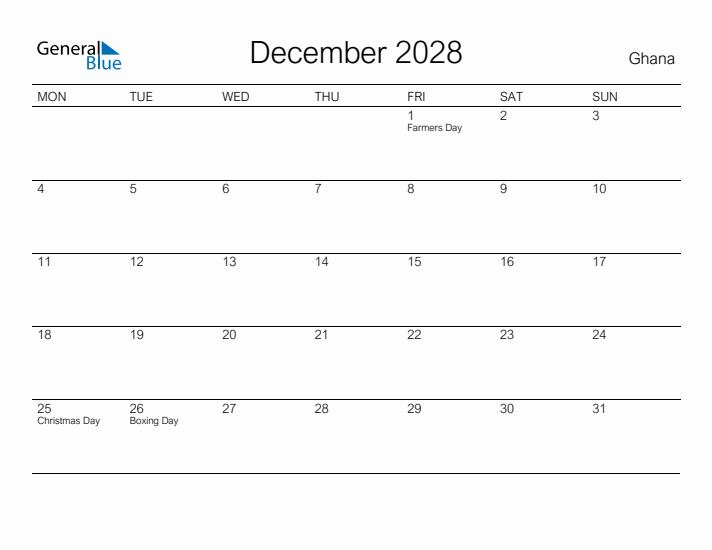 Printable December 2028 Calendar for Ghana