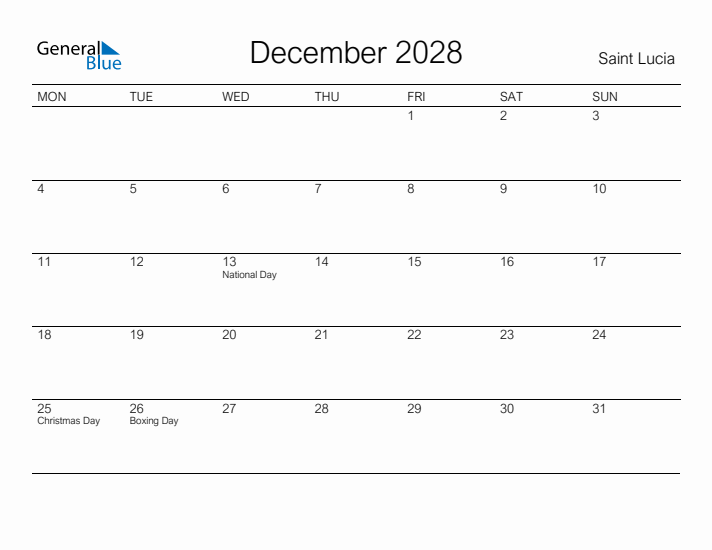 Printable December 2028 Calendar for Saint Lucia
