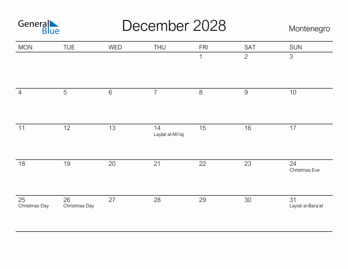 Printable December 2028 Calendar for Montenegro