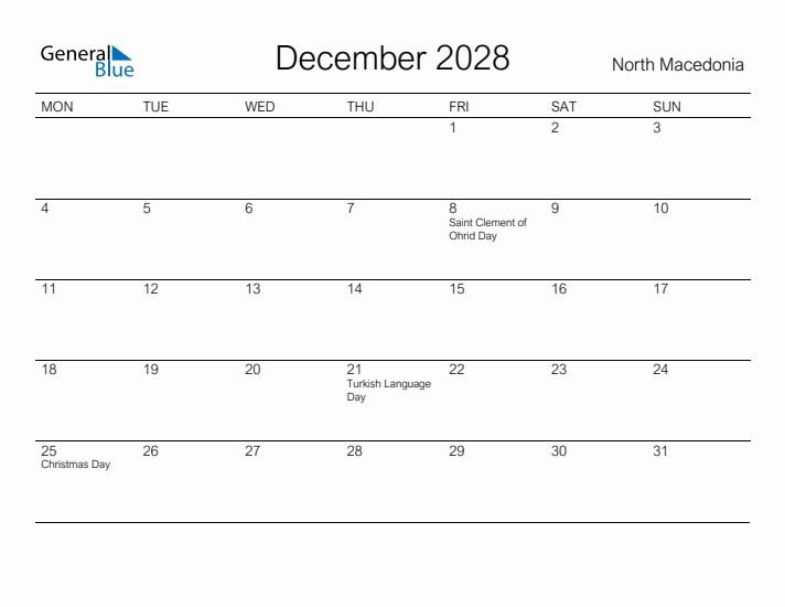 Printable December 2028 Calendar for North Macedonia