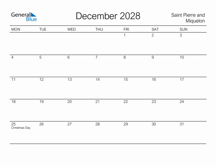 Printable December 2028 Calendar for Saint Pierre and Miquelon