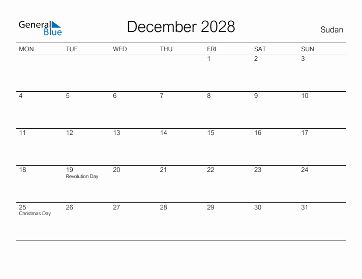 Printable December 2028 Calendar for Sudan