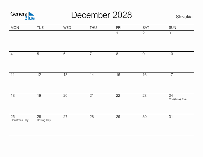 Printable December 2028 Calendar for Slovakia