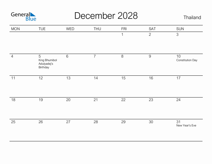Printable December 2028 Calendar for Thailand