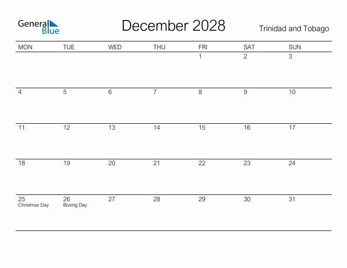 Printable December 2028 Calendar for Trinidad and Tobago