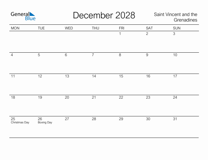 Printable December 2028 Calendar for Saint Vincent and the Grenadines