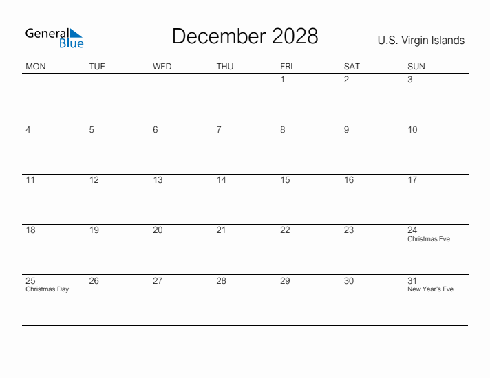 Printable December 2028 Calendar for U.S. Virgin Islands
