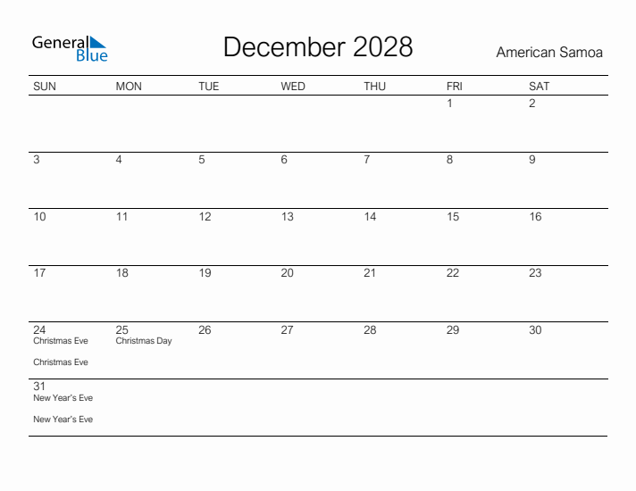 Printable December 2028 Calendar for American Samoa