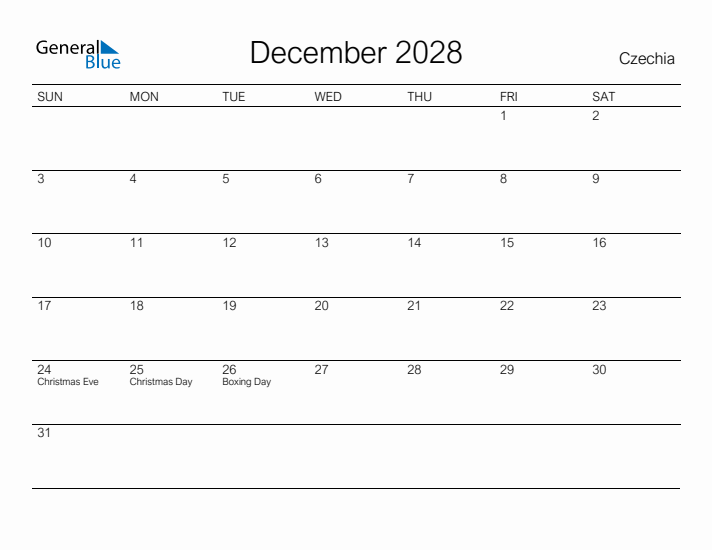 Printable December 2028 Calendar for Czechia