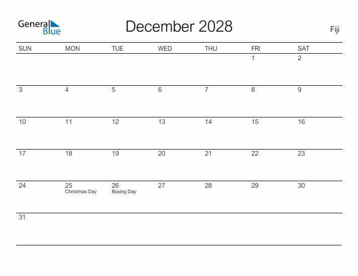 Printable December 2028 Calendar for Fiji