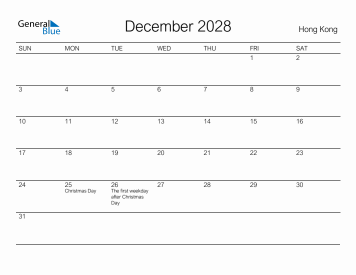 Printable December 2028 Calendar for Hong Kong