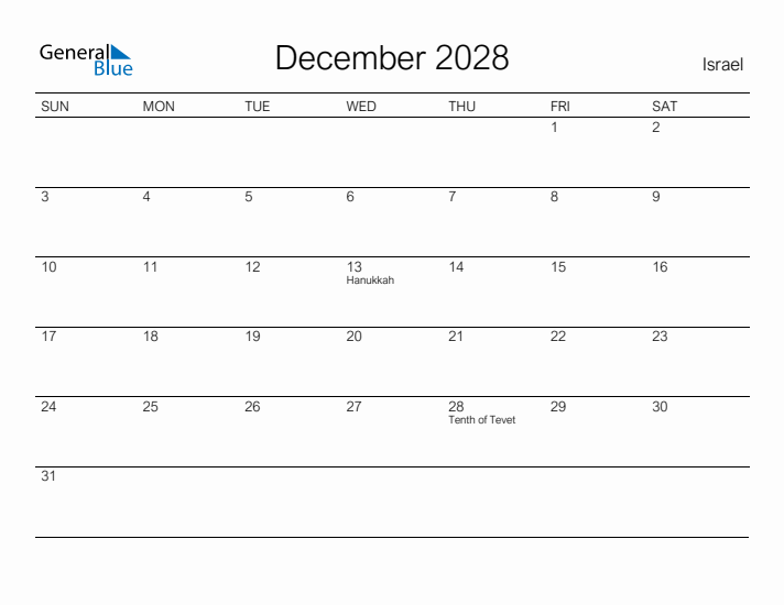 Printable December 2028 Calendar for Israel