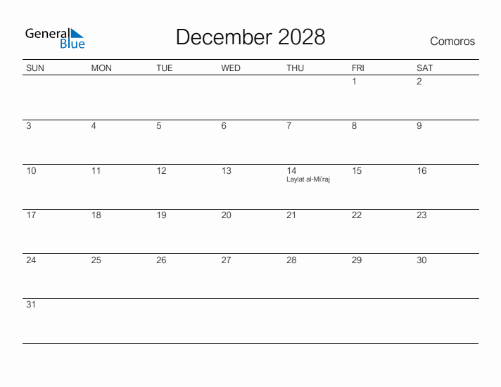 Printable December 2028 Calendar for Comoros
