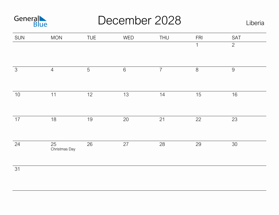 Printable December 2028 Monthly Calendar with Holidays for Liberia