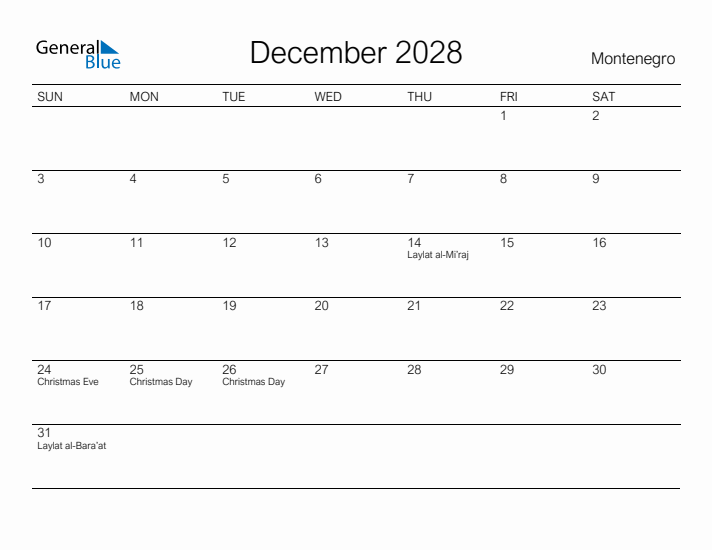Printable December 2028 Calendar for Montenegro