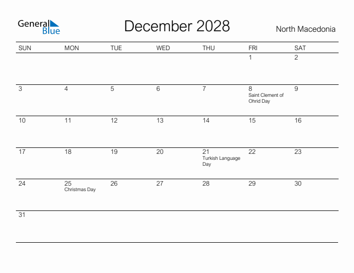 Printable December 2028 Calendar for North Macedonia