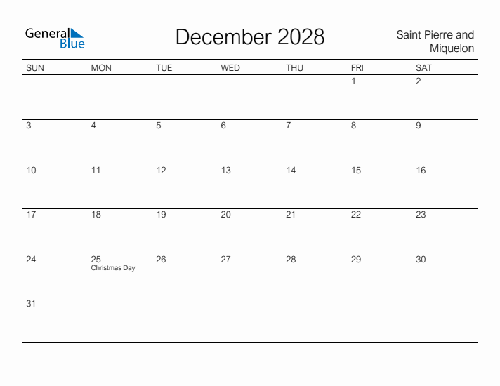 Printable December 2028 Calendar for Saint Pierre and Miquelon