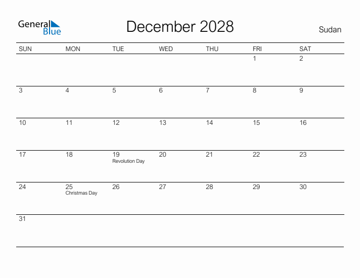 Printable December 2028 Calendar for Sudan
