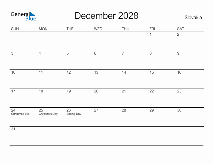 Printable December 2028 Calendar for Slovakia