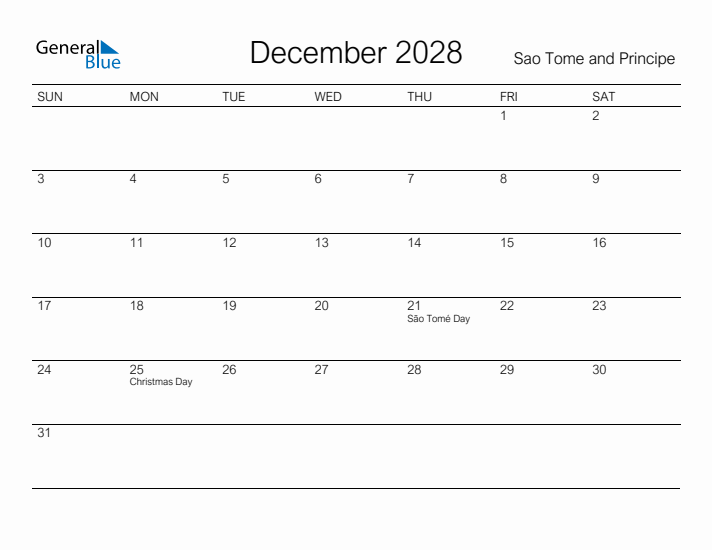 Printable December 2028 Calendar for Sao Tome and Principe