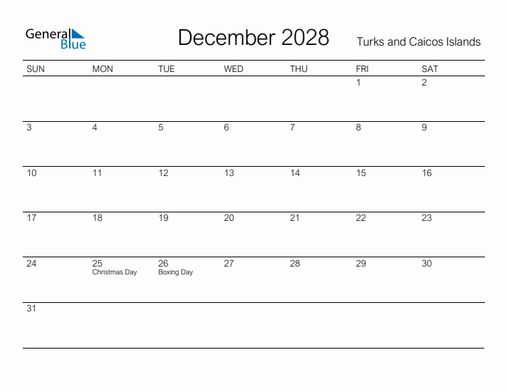 Printable December 2028 Calendar for Turks and Caicos Islands