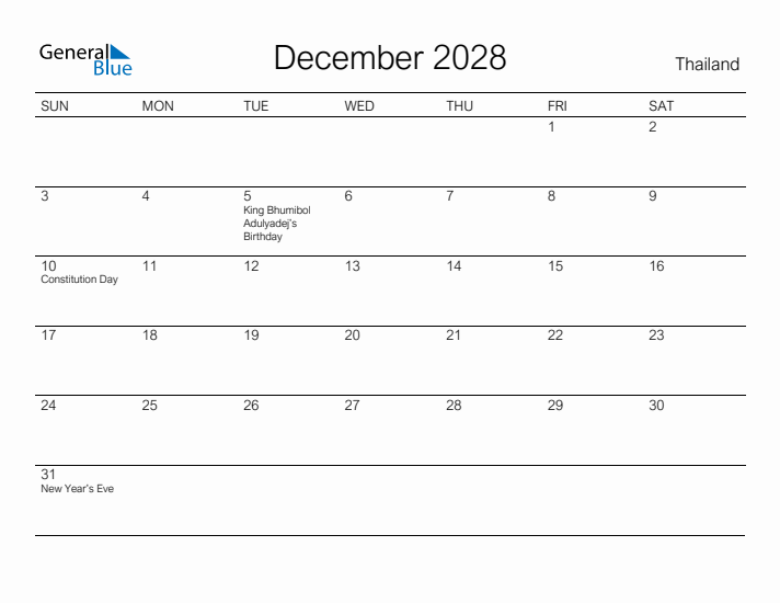 Printable December 2028 Calendar for Thailand