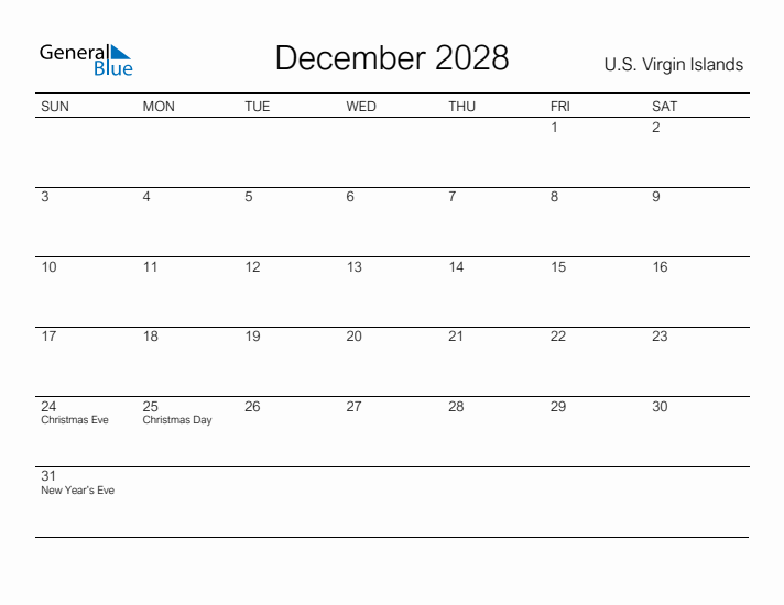 Printable December 2028 Calendar for U.S. Virgin Islands
