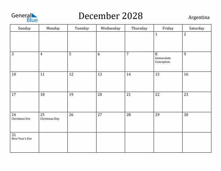 December 2028 Calendar Argentina