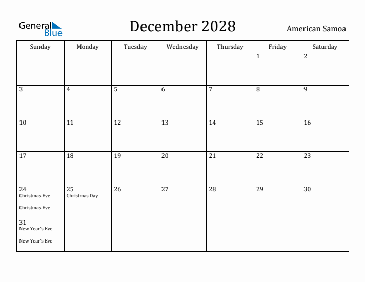 December 2028 Calendar American Samoa