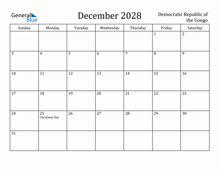 December 2028 Calendar Democratic Republic of the Congo