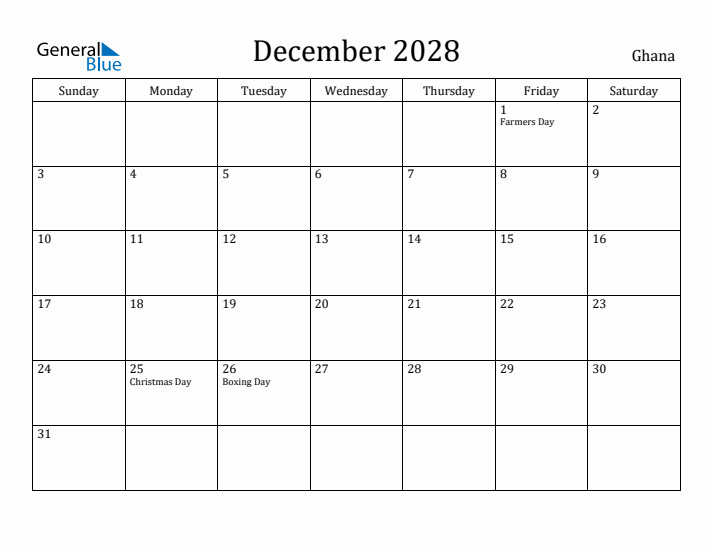 December 2028 Calendar Ghana
