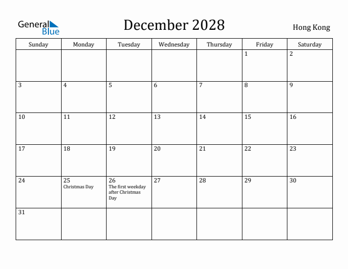 December 2028 Calendar Hong Kong
