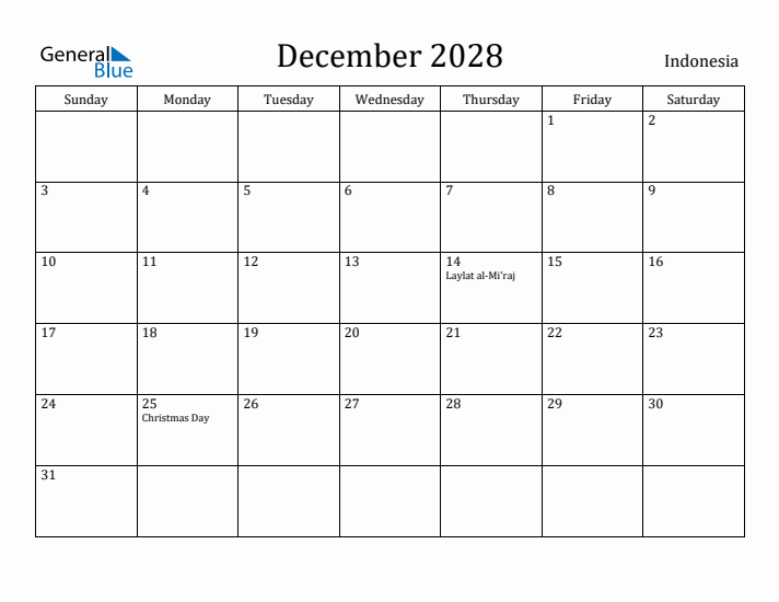December 2028 Calendar Indonesia