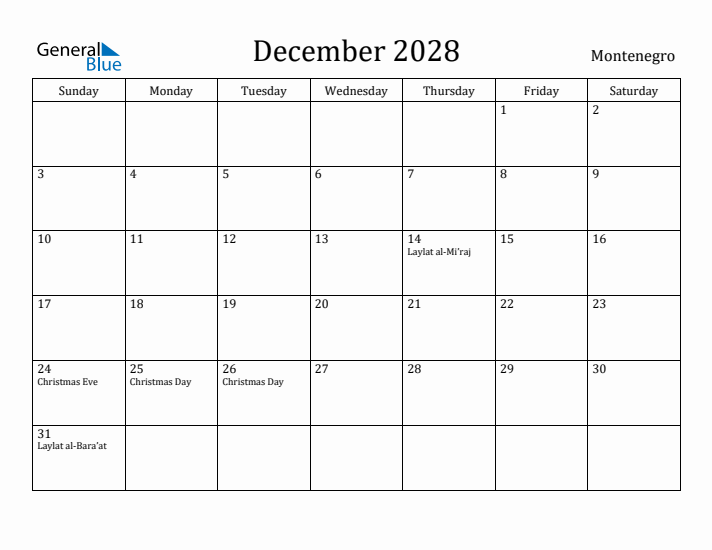 December 2028 Calendar Montenegro