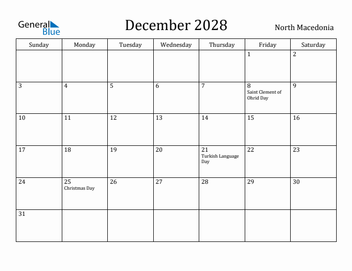 December 2028 Calendar North Macedonia