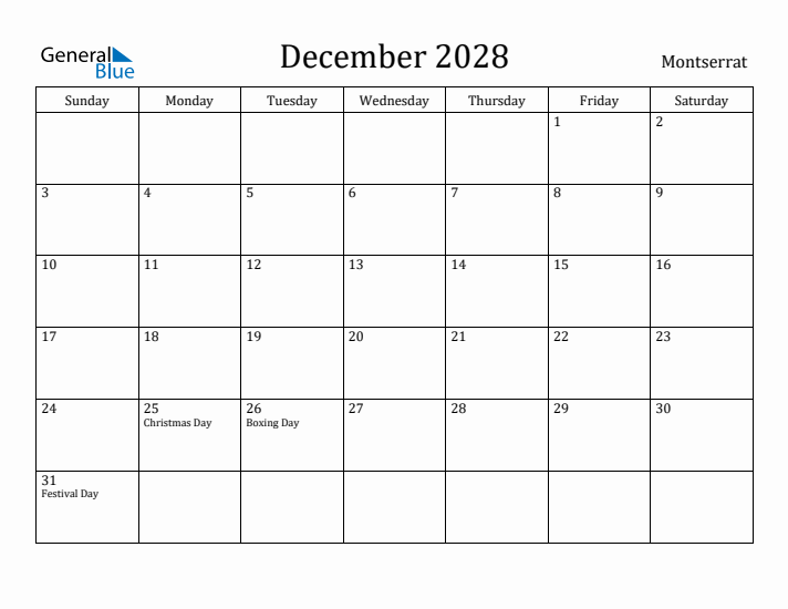 December 2028 Calendar Montserrat