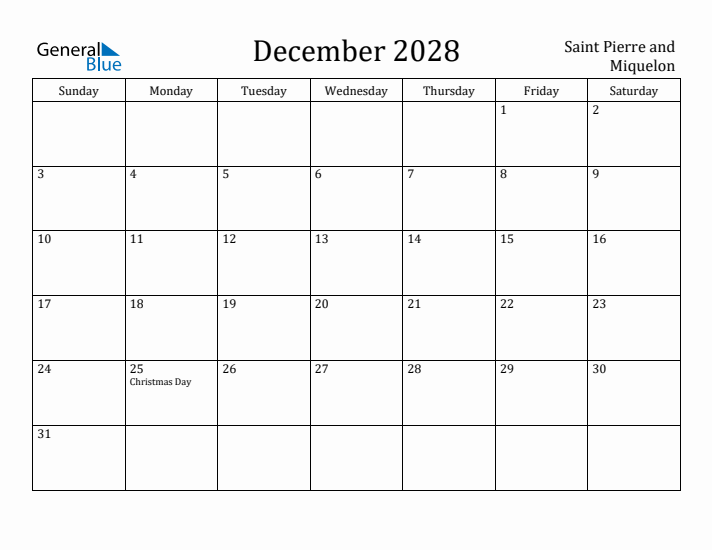 December 2028 Calendar Saint Pierre and Miquelon