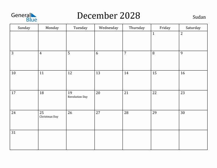 December 2028 Calendar Sudan