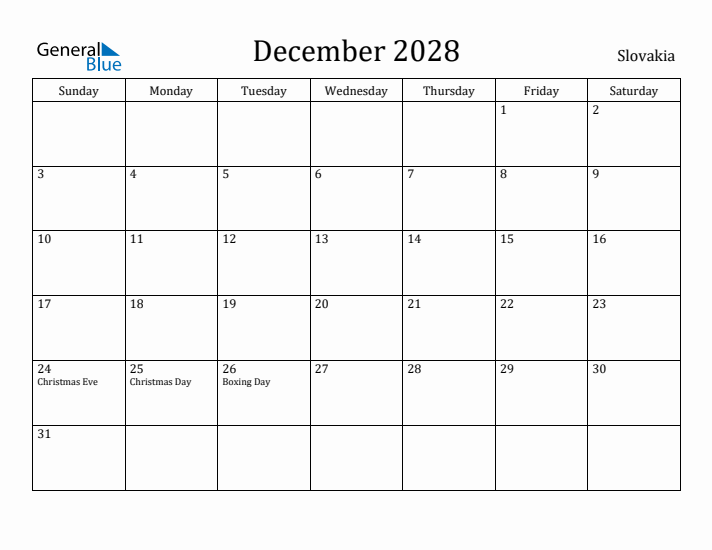 December 2028 Calendar Slovakia