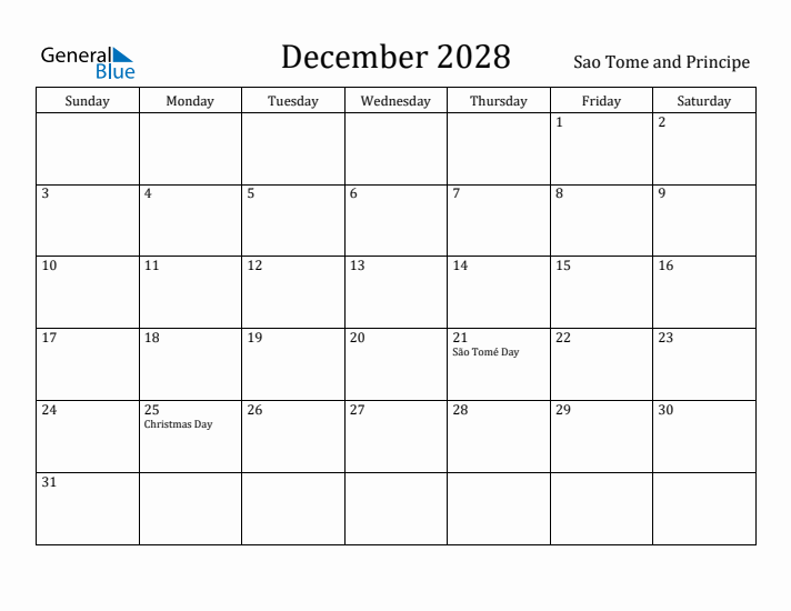 December 2028 Calendar Sao Tome and Principe