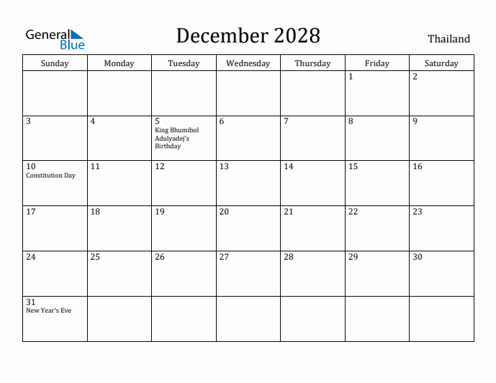 December 2028 Calendar Thailand