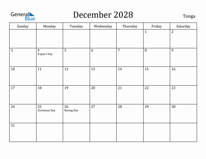 December 2028 Calendar Tonga