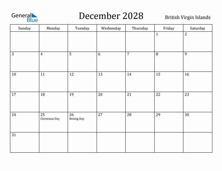 December 2028 Calendar British Virgin Islands