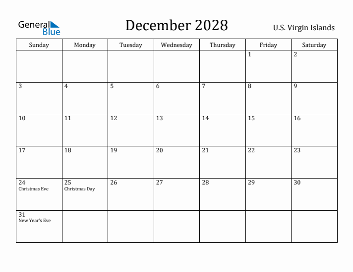 December 2028 Calendar U.S. Virgin Islands