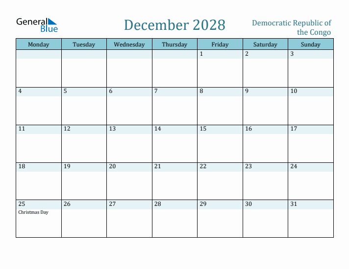 December 2028 Calendar with Holidays