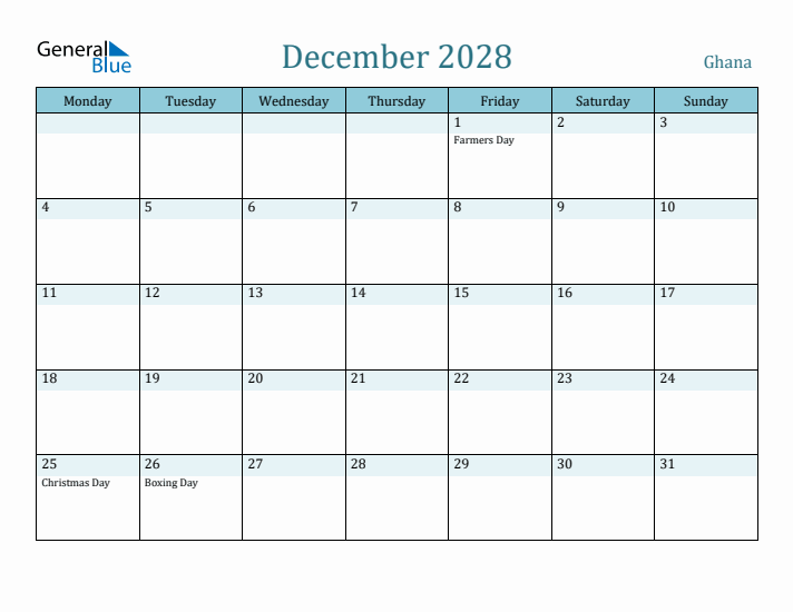 December 2028 Calendar with Holidays