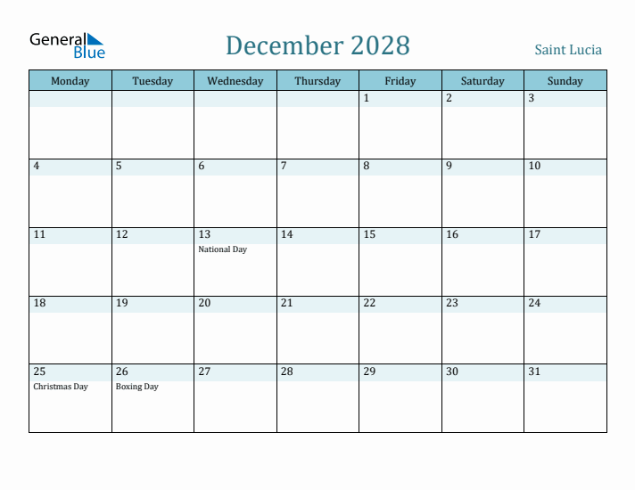 December 2028 Calendar with Holidays